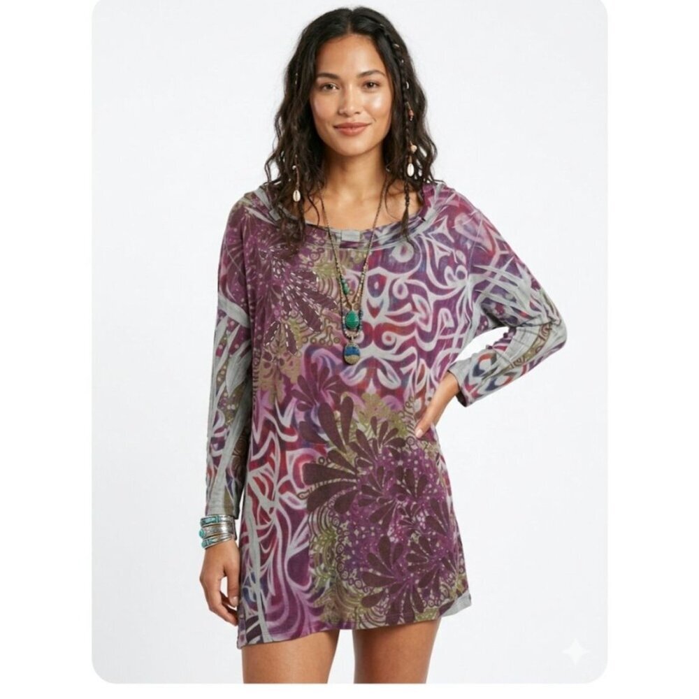 Avenue Creativi-Tee Purple Floral Print Tunic Top 4X Lightweight Gypsy Artsy